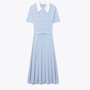 Tory Burch Light Blue Women's T Monogram Pointelle Pleated Dress